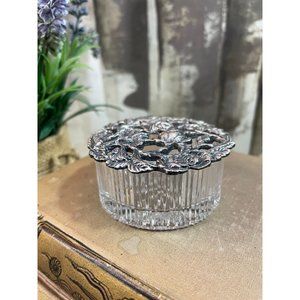 Vintage Glass Vanity Jar Pewter Lid Powder Trinket Dish